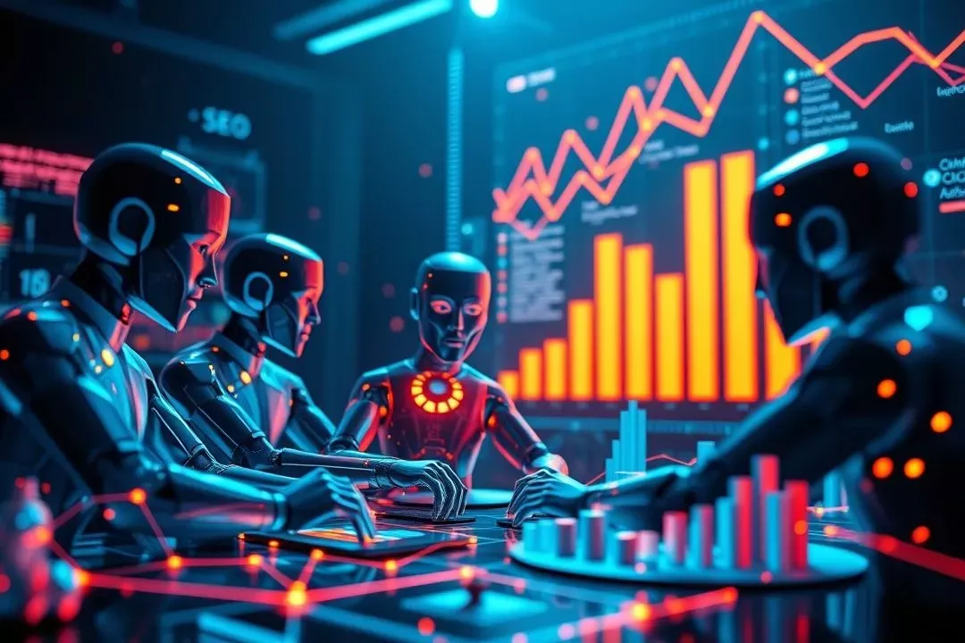 Agentes de IA trabalhando juntos em um ambiente digital, analisando dados e otimizando estratégias de SEO
