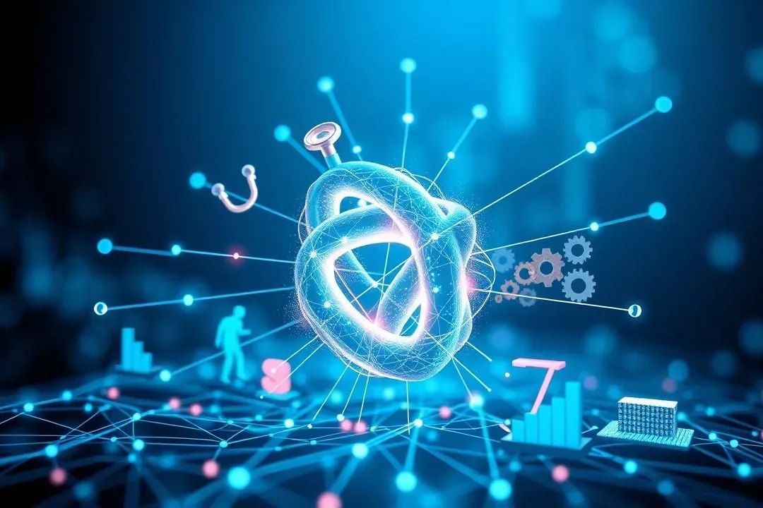 Representação visual de tendências de IA em 2025 com ícones de setores