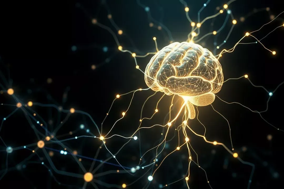 Redes Neurais Artificiais em uma ilustração conceitual brilhante conectada ao cérebro humano e ao mundo digital.