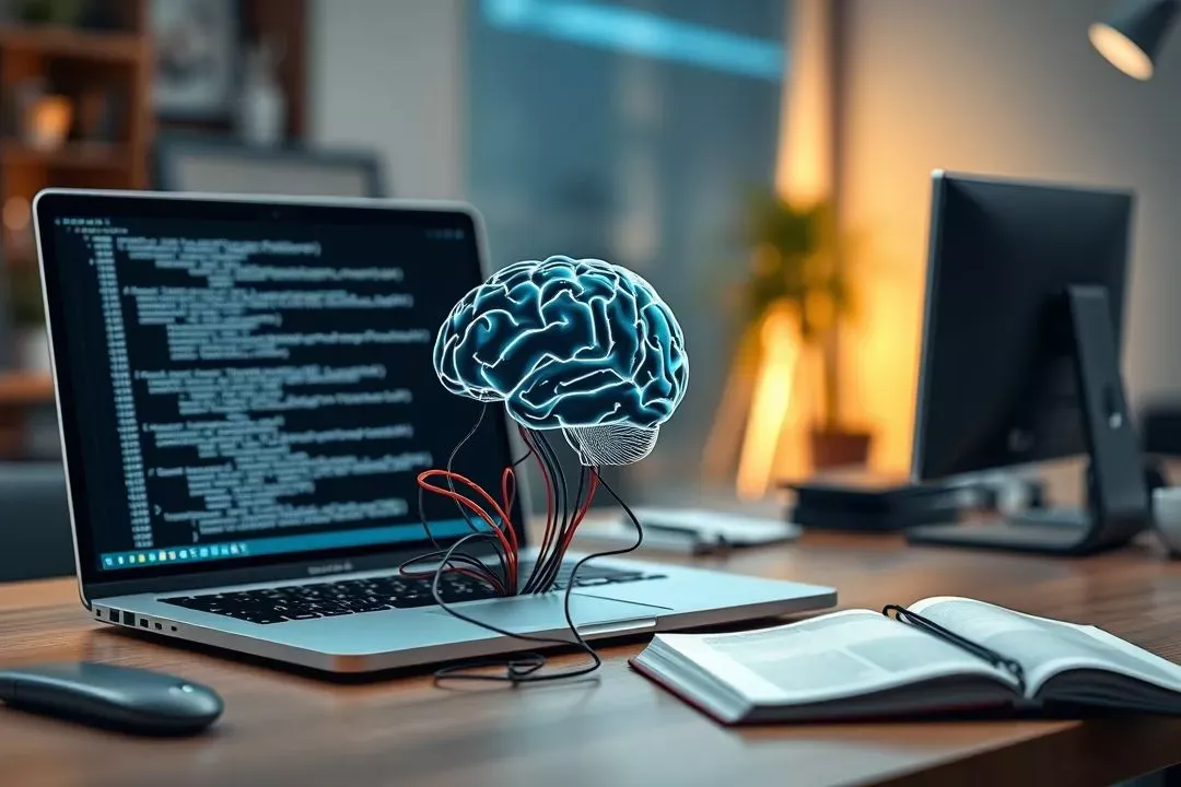 aprender IA do zero: um guia completo com um cérebro digital conectado a ícones de cursos, ferramentas e comunidades.
