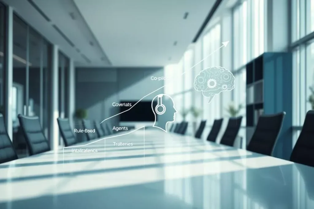 Gráfico mostrando a evolução da IA de assistentes simples para co-pilots e agentes autônomos complexos