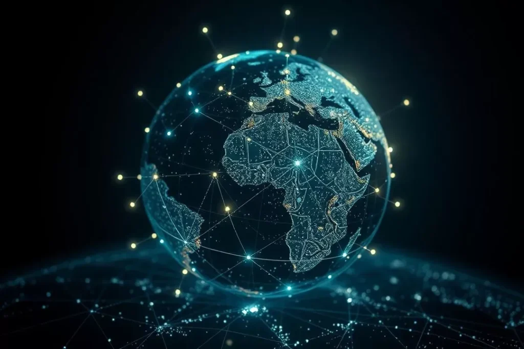 Infográfico sobre o impacto da IA Generativa em setores como bancos e saúde, remodelando a economia mundial.