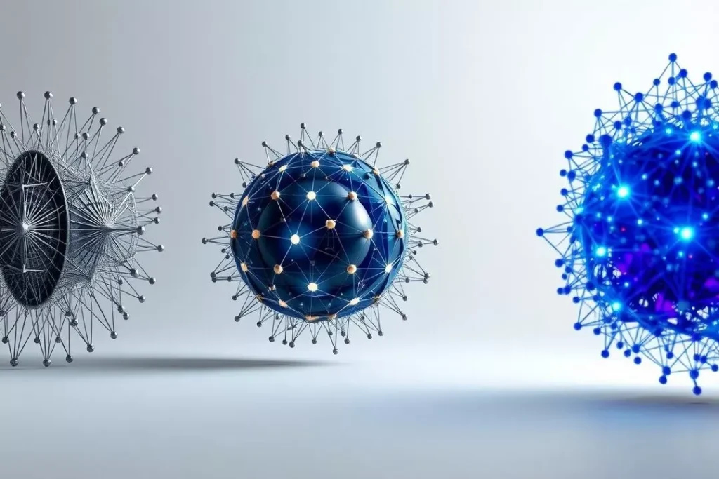 Evolução das Arquiteturas de Redes Neurais Representação visual da evolução das arquiteturas de deep learning, de um perceptron simples a uma rede neural profunda e complexa.