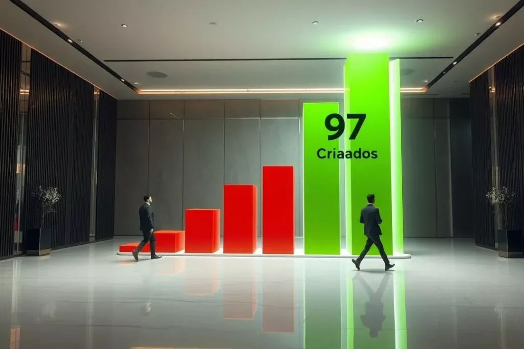 Gráfico ascendente mostrando a criação de 97 milhões de novas funções, um dos dados sobre o futuro do trabalho com IA.