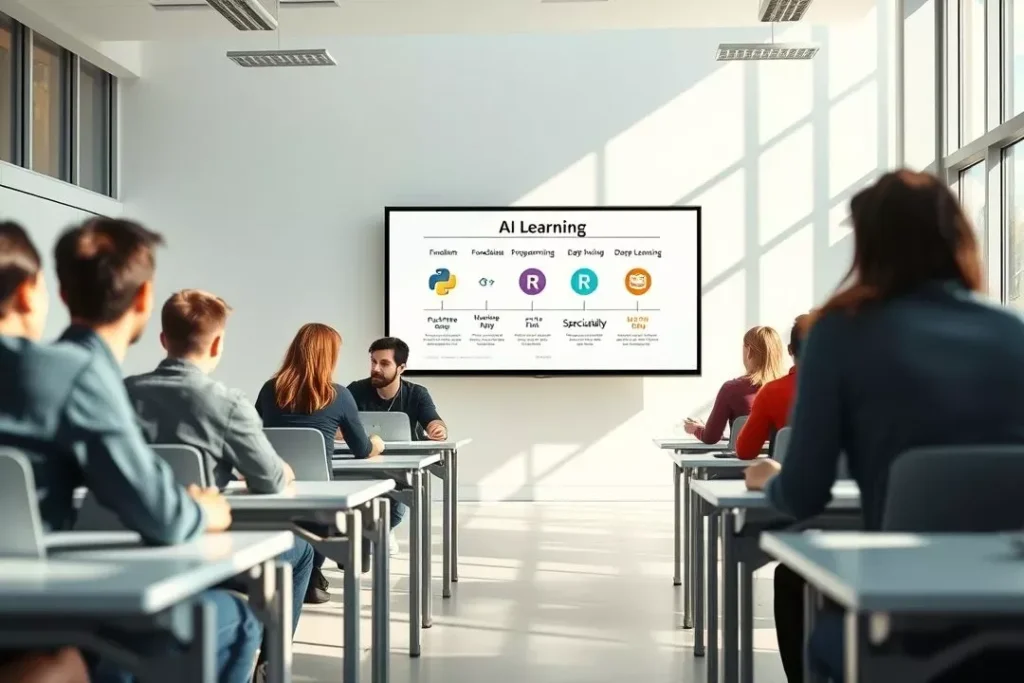 Infográfico com os 5 estágios do roteiro de IA: Fundamentos, Programação, Machine Learning, Deep Learning e Especialização.