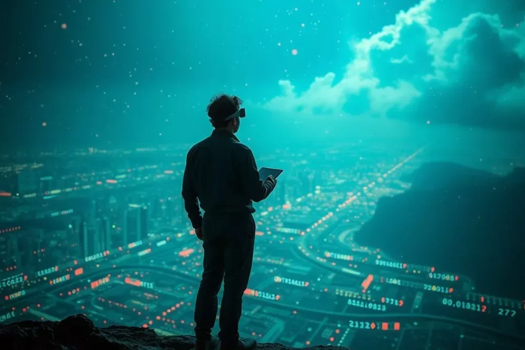 Conceito de IA Forte (AGI) com um líder de tecnologia observando um ecossistema de agentes de IA.