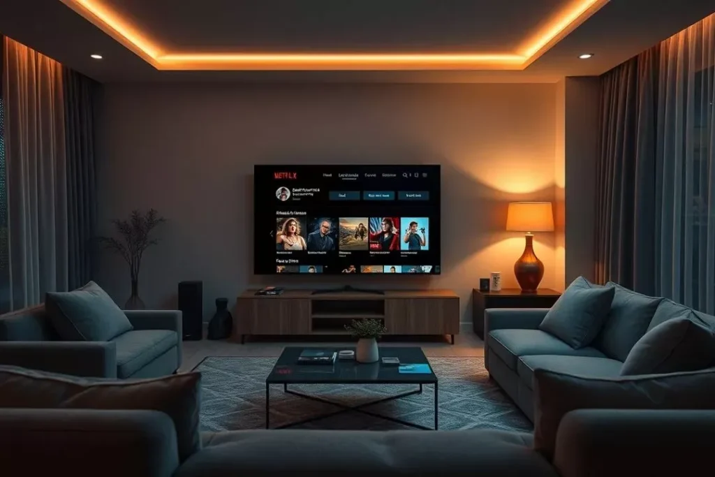 Aplicação de IA na Netflix para Domínio de Mercado Exemplo de aplicação de IA na Netflix, com recomendações personalizadas geradas por algoritmos para dominar o mercado.