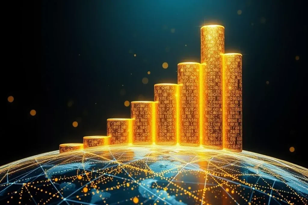 Gráfico do impacto econômico da IA, mostrando o crescimento de US$ 4,4 trilhões com moedas de ouro.