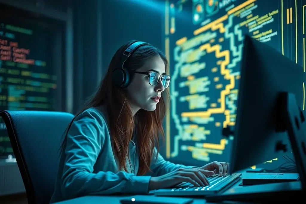 Engenheiro de prompt trabalhando em uma interface holográfica, uma das novas profissões do futuro.