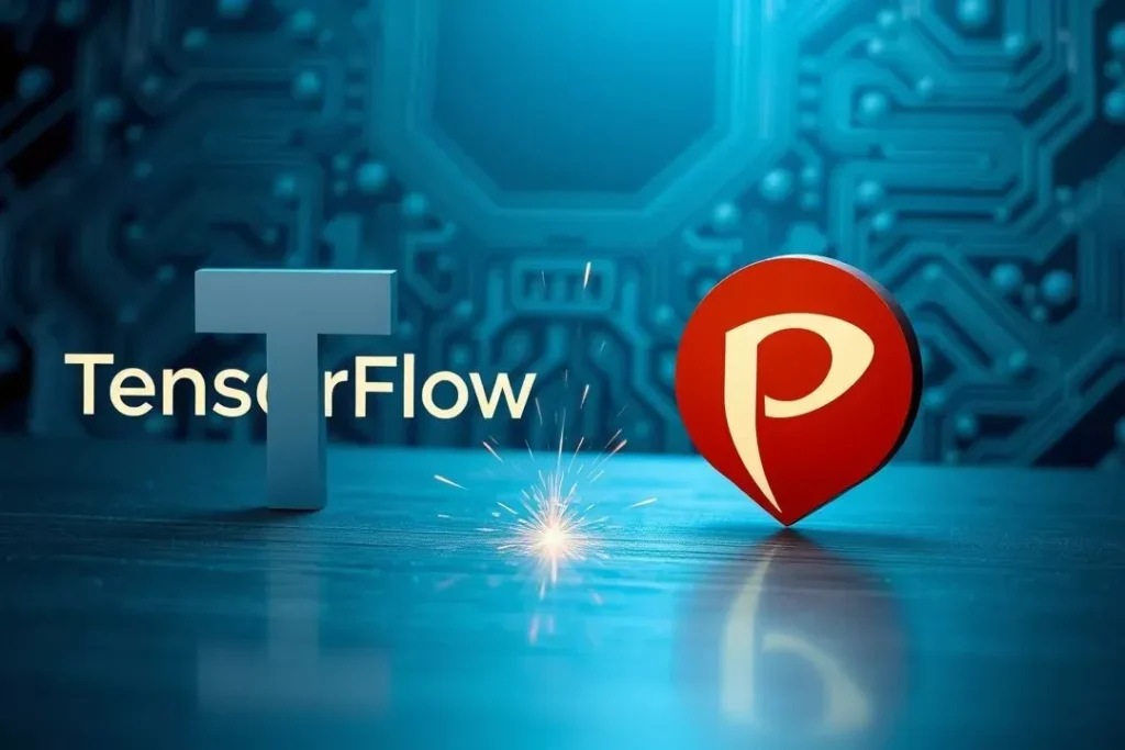 Comparativo das ferramentas de IA TensorFlow do Google e PyTorch da Meta, essenciais para inteligência artificial para iniciantes.