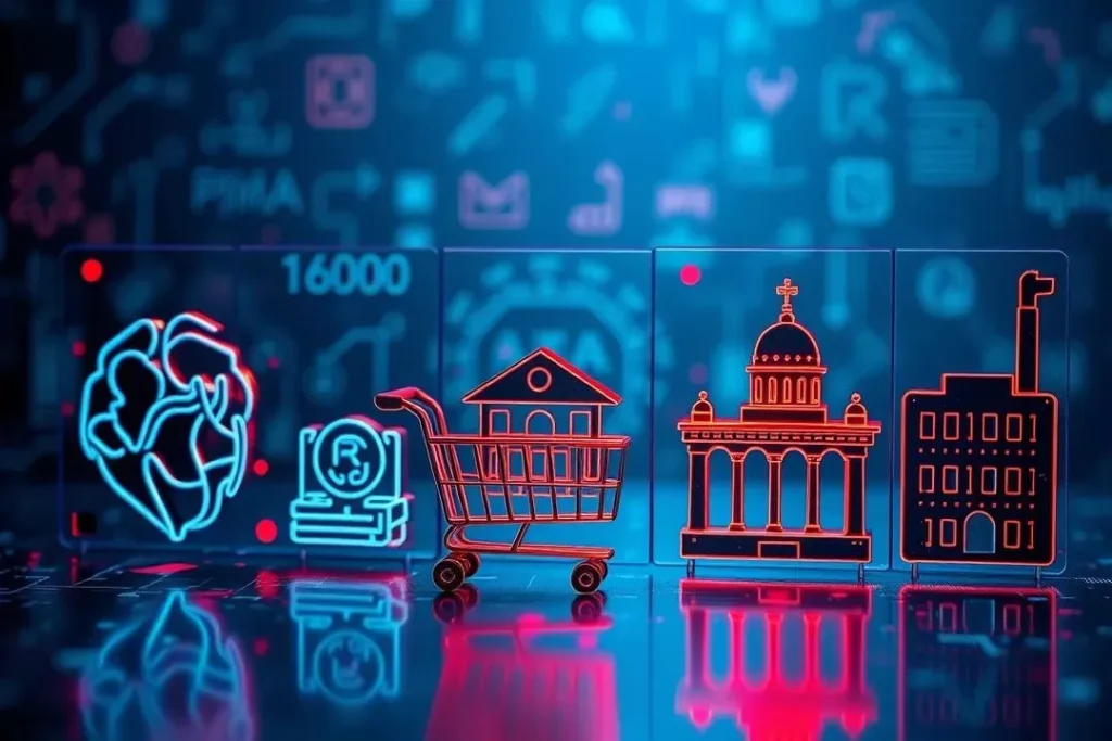 Ícones representando diversos setores transformados pela IA (saúde, finanças, varejo, governo)