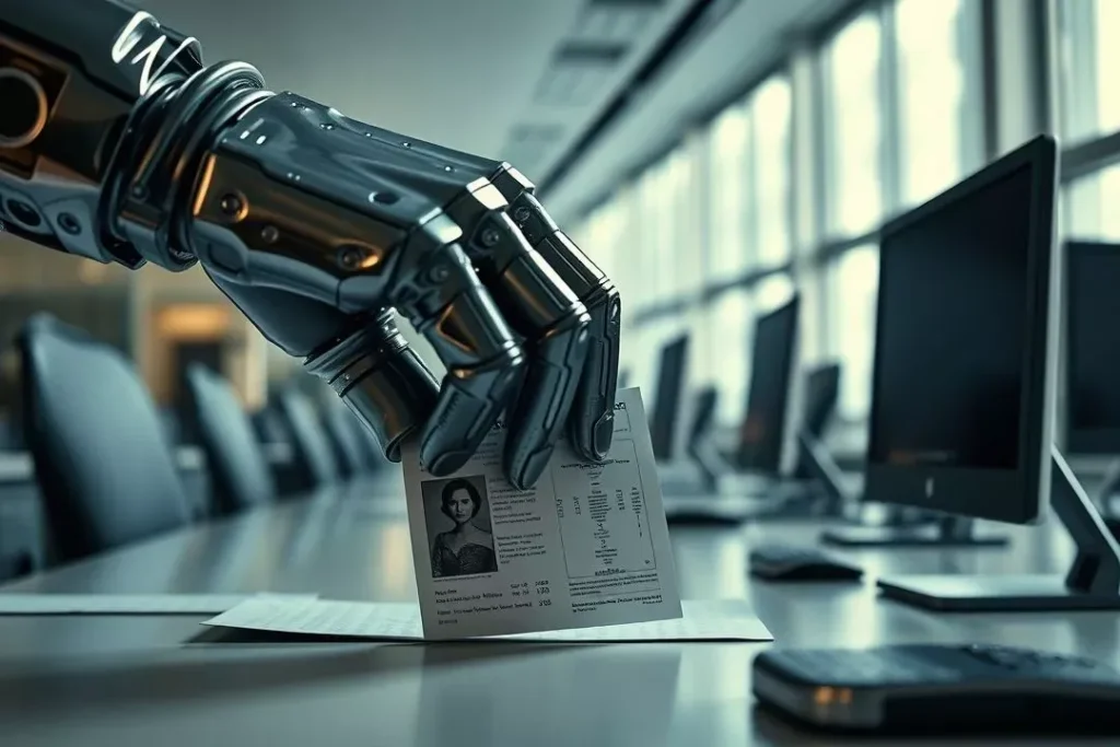 Exemplo de Viés Algorítmico na Seleção de Currículos Ilustração de um algoritmo de IA de recrutamento descartando currículos femininos, um exemplo claro de viés algorítmico.