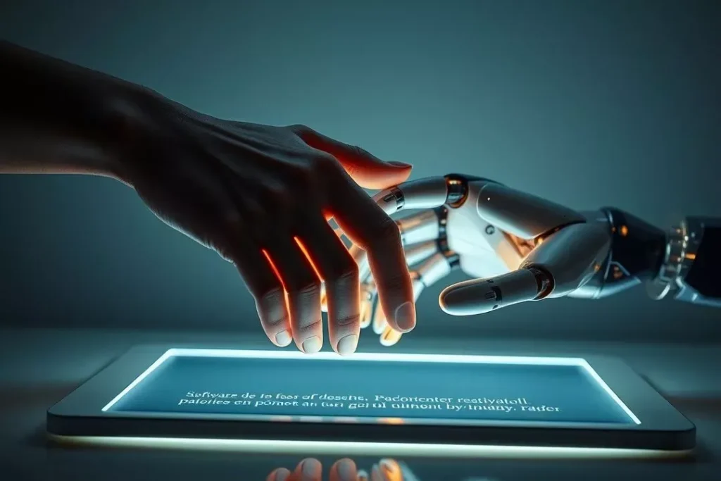 A Revolução Criativa da IA Generativa Colaboração entre mão humana e robótica simbolizando a revolução criativa da IA Generativa.