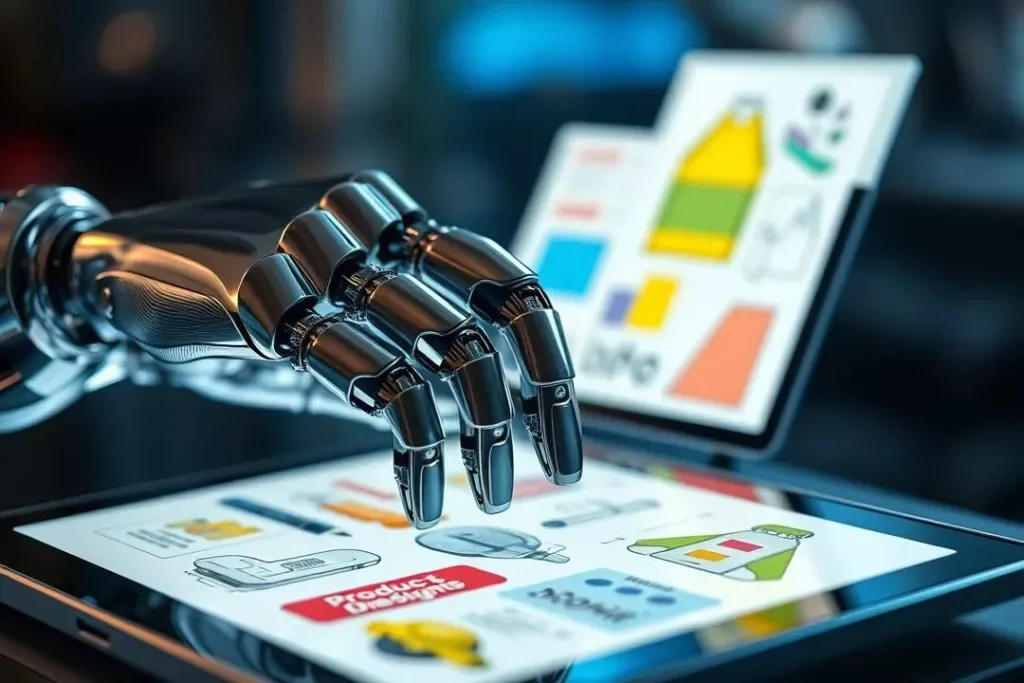 Colaboração entre humano e robô usando IA para criar designs de produtos inovadores em um tablet.