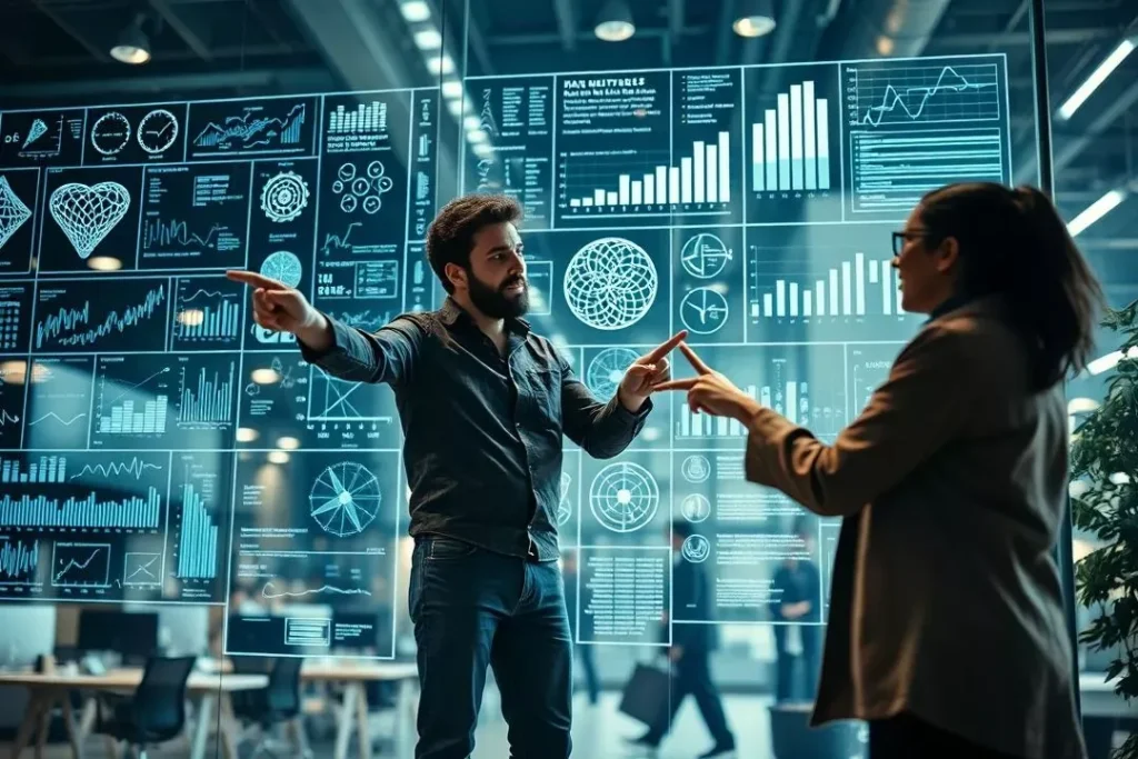 Cientista de dados e engenheiro de machine learning colaborando em um projeto de inteligência artificial.