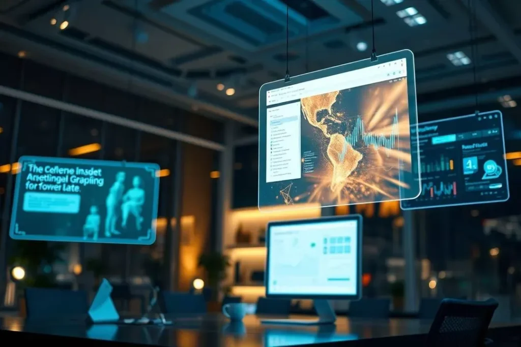 Como usar IA no trabalho: montagem de telas do ChatGPT, Midjourney, Excel e Power BI para automação de tarefas.