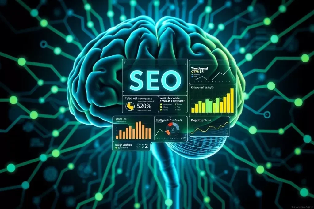 Agente de IA analisando dados de concorrentes em um painel digital com gráficos e métricas de SEO