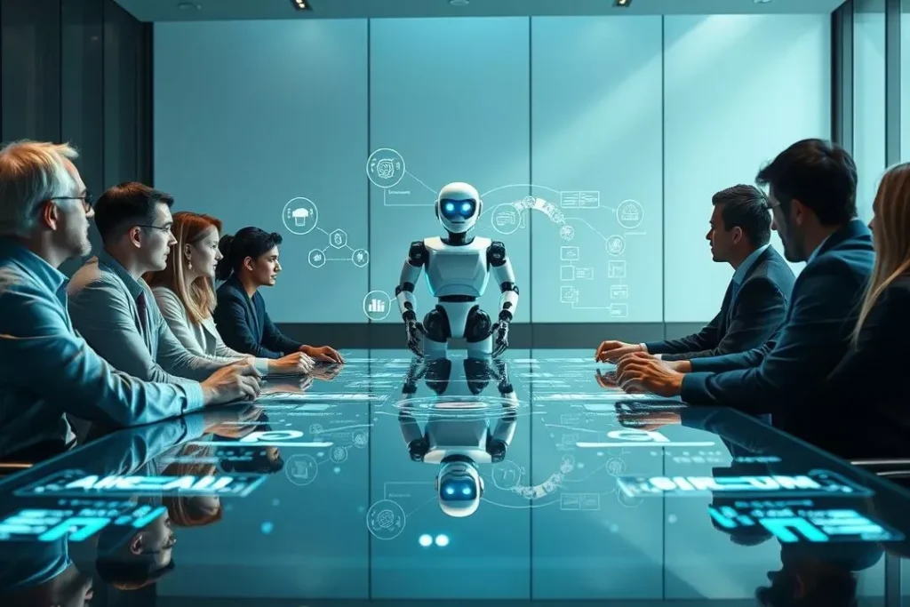 Representação de líderes colaborando com tecnologia de IA
