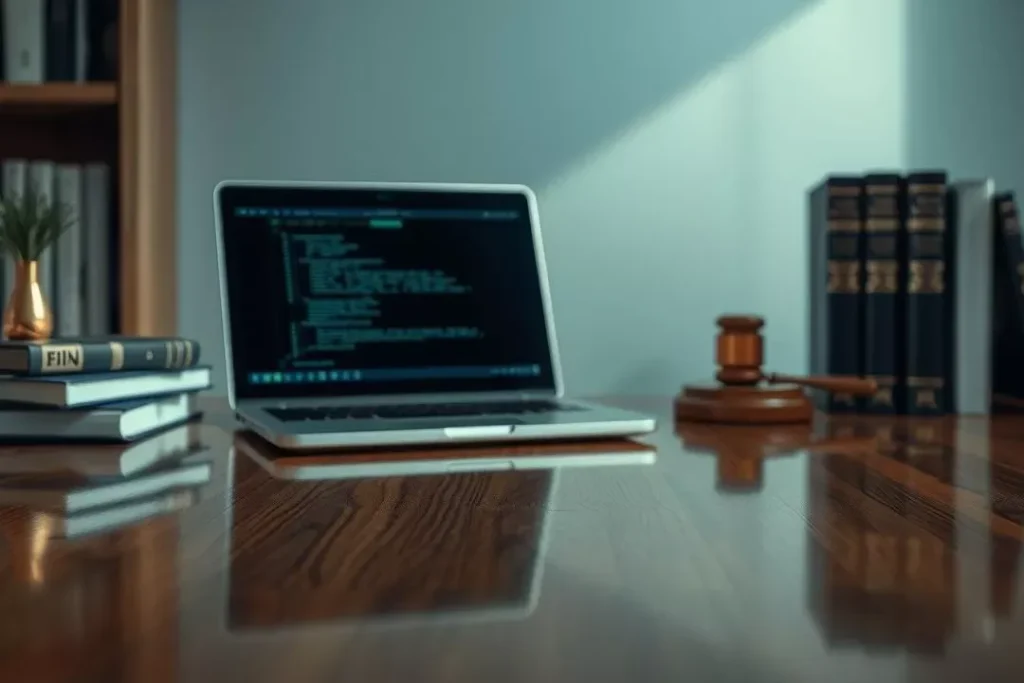 Riscos da IA Generativa na justiça, com um martelo de juiz e um laptop mostrando 'alucinações' de IA.