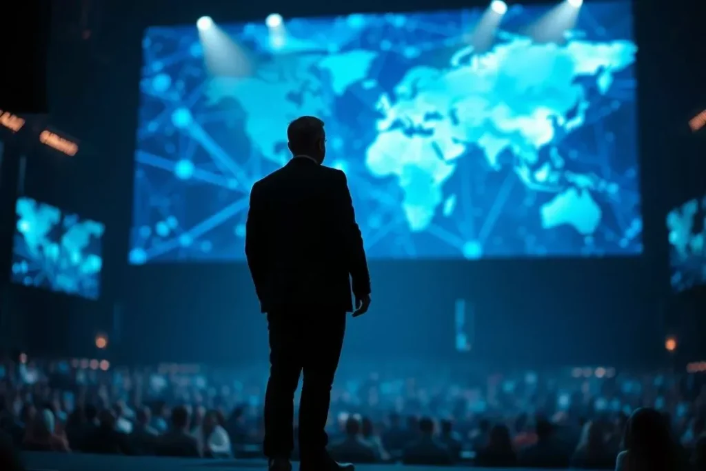 Líder de tecnologia como Sundar Pichai ou Jensen Huang apresentando a visão para o futuro da IA.