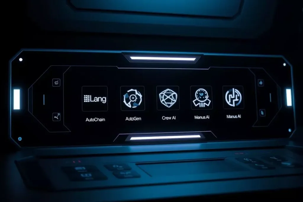 Ícones representando frameworks de agentes de IA como LangChain, AutoGen, Crew AI e Manus AI