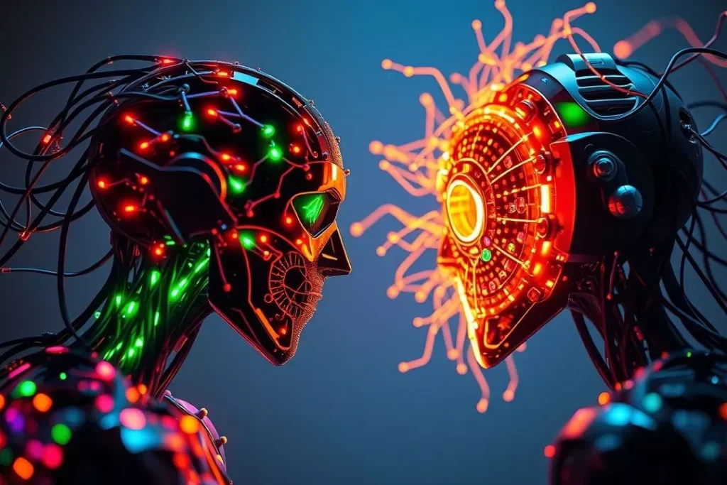 Como as Redes Adversárias Gerativas Criam Arte Uma rede neural geradora competindo contra uma rede discriminadora, um processo de Redes Adversárias Gerativas (GANs) que resulta em arte digital.