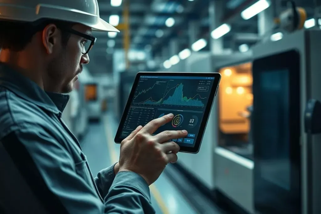 Aumento de Produtividade com Manutenção Preditiva por IA Engenheiro usando tablet com dados de manutenção preditiva baseada em IA para aumentar a produtividade industrial.