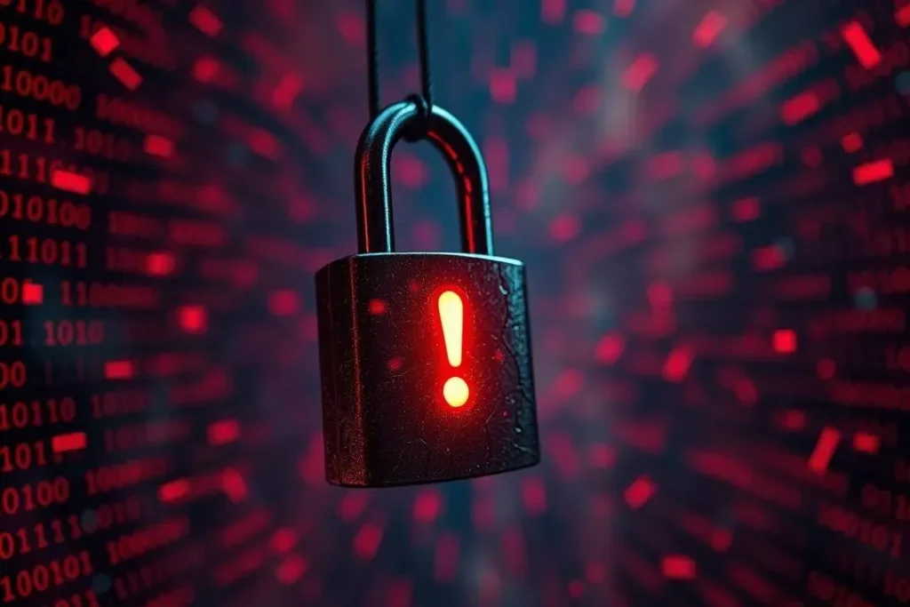 Cadeado digital quebrado simbolizando os riscos e a segurança na IA Generativa.