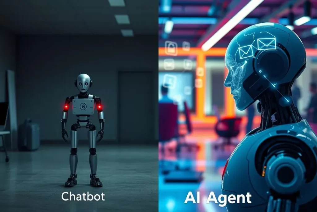 Comparativo visual entre um chatbot reativo e um dos novos agentes de IA autônomos e proativos.