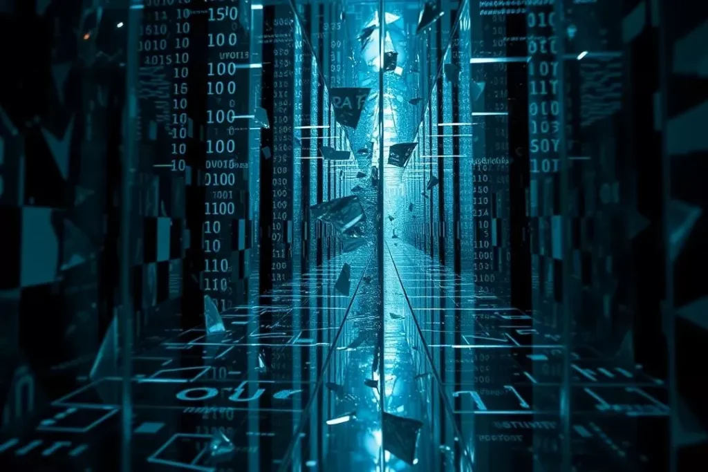 Representação visual dos riscos da IA, como alucinações (dados distorcidos) e comportamento imprevisível (caminhos inesperados)