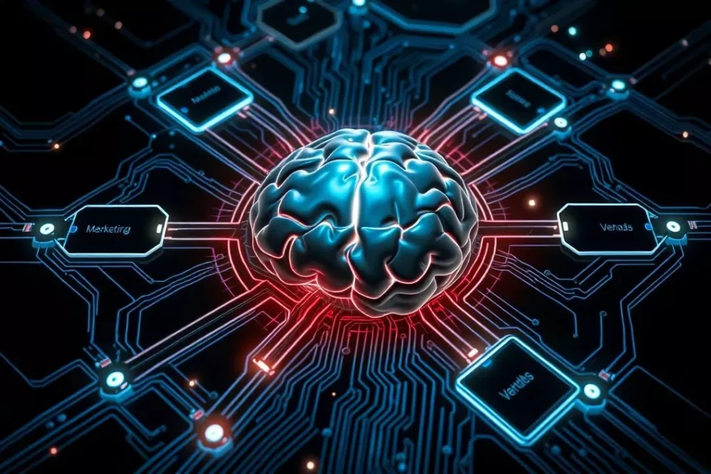 Núcleo de IA conectando aplicações práticas em marketing, design, comunicação e vendas.