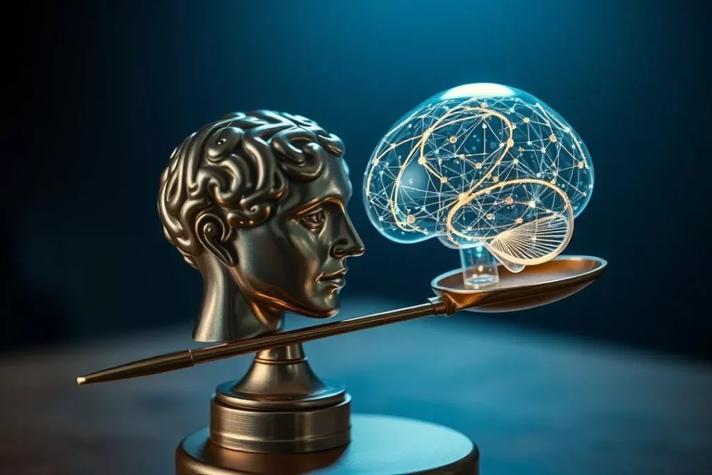 Balança equilibrando cérebro humano e cérebro de IA, representando a necessidade de um especialista em ética de IA.