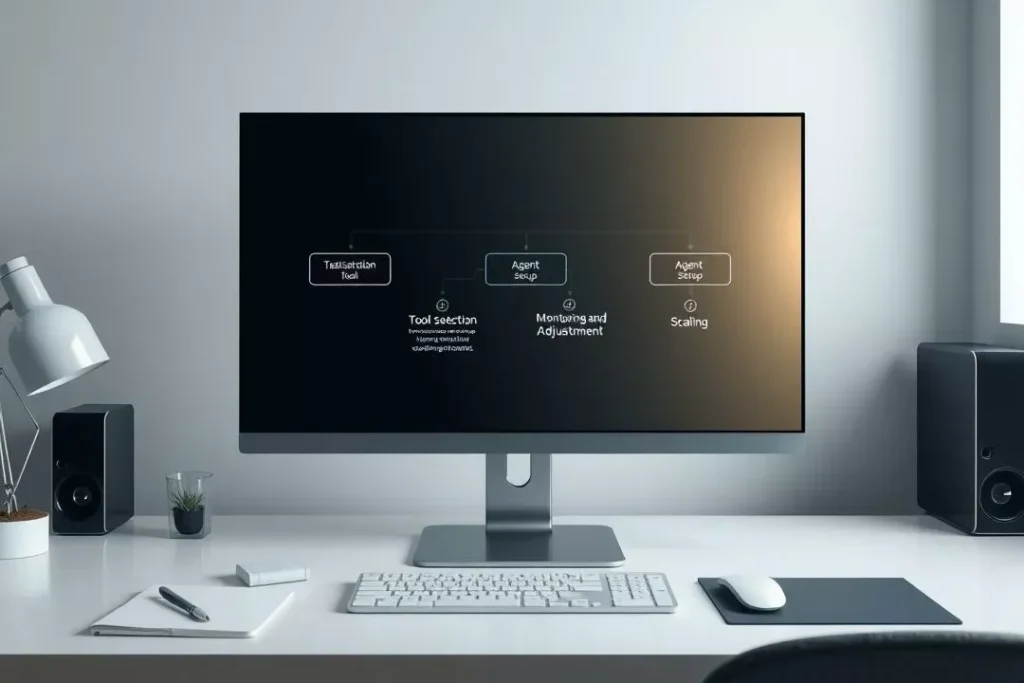 Fluxograma mostrando passos para integrar agentes de IA em um fluxo de trabalho de SEO, como identificar tarefas e escolher ferramentas