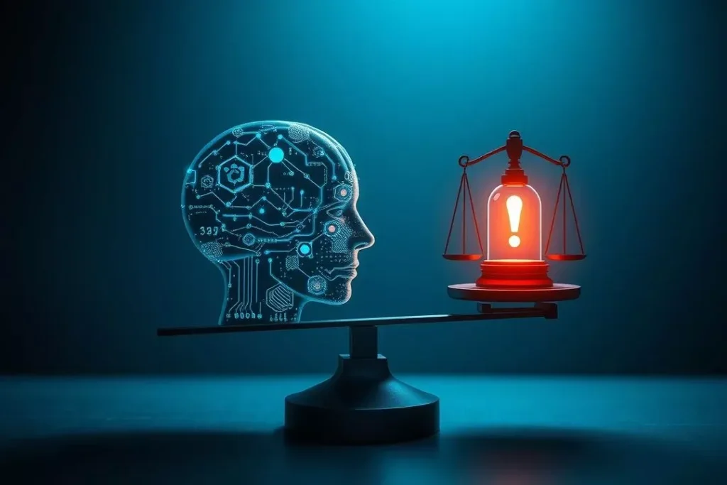 Equilíbrio entre Potencial e Riscos da IA Uma balança da justiça simbólica equilibrando o imenso potencial das redes neurais de um lado e os desafios éticos e de viés do outro.