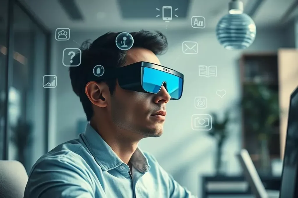 Profissional atuando como curador de IA, selecionando ideias geradas por inteligência artificial em realidade aumentada.