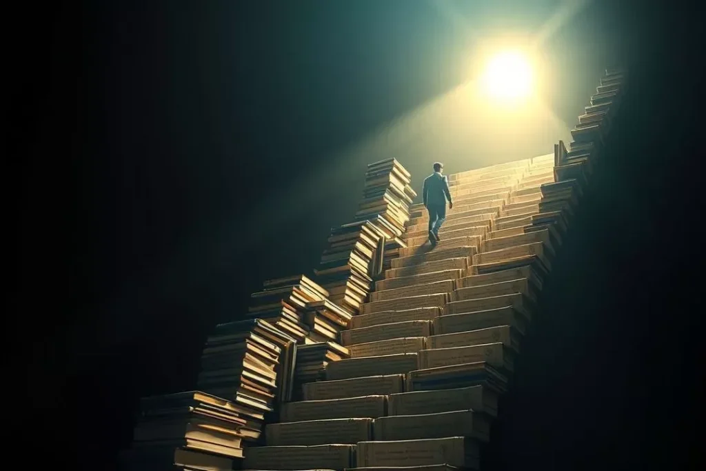 Escada de livros e tecnologia simbolizando a jornada de upskilling e reskilling para o mercado de trabalho IA.