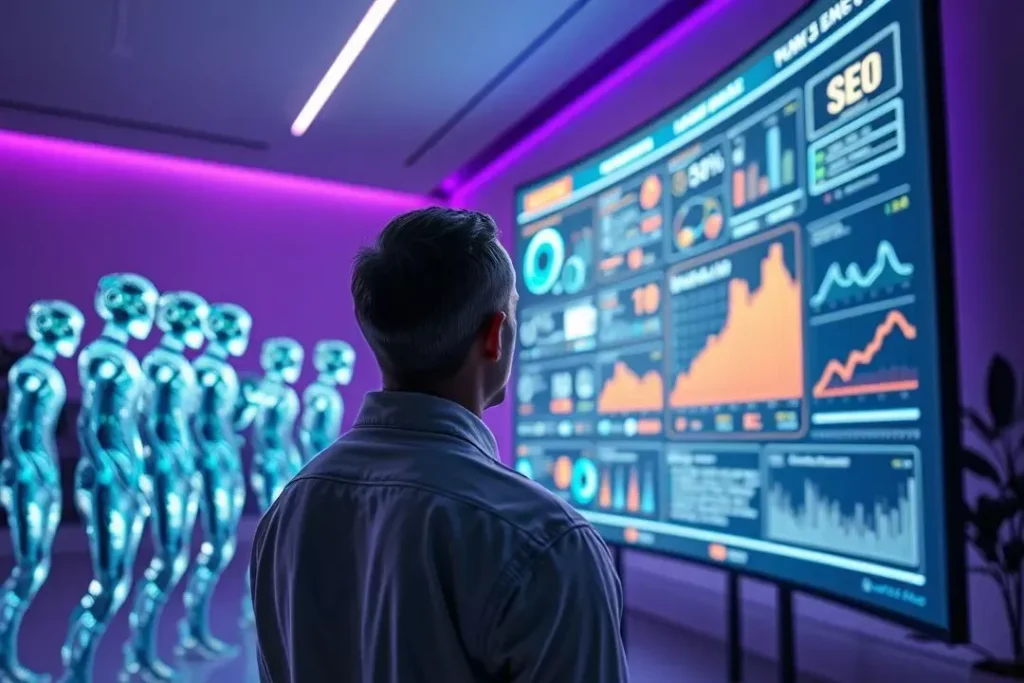 Visão futurista de um profissional de SEO supervisionando uma equipe de agentes de IA trabalhando em otimização digital