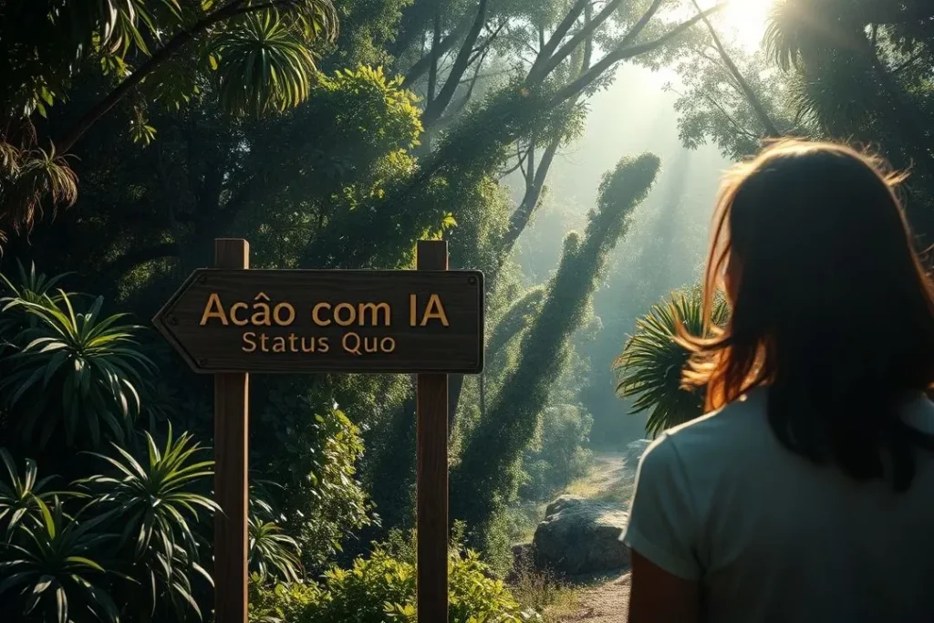 O Futuro da IA: Ação Estratégica vs. Status Quo Conceito de tomada de decisão sobre o futuro da IA, com uma pessoa em uma encruzilhada escolhendo a ação.