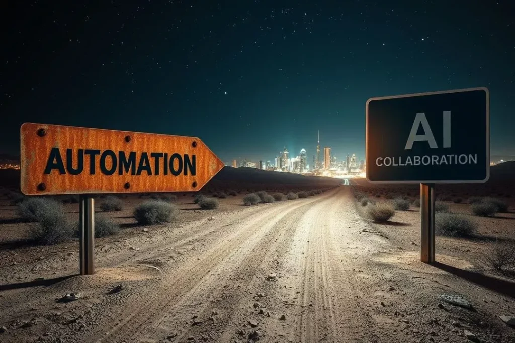 Encruzilhada com uma placa apontando para 'Automação' e outra para 'Colaboração com IA'.