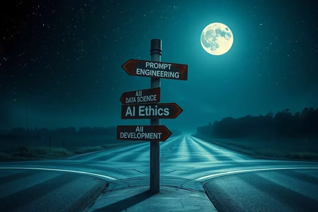 Encruzilhada com placas para diferentes empregos em inteligência artificial, convidando o leitor a escolher seu caminho.