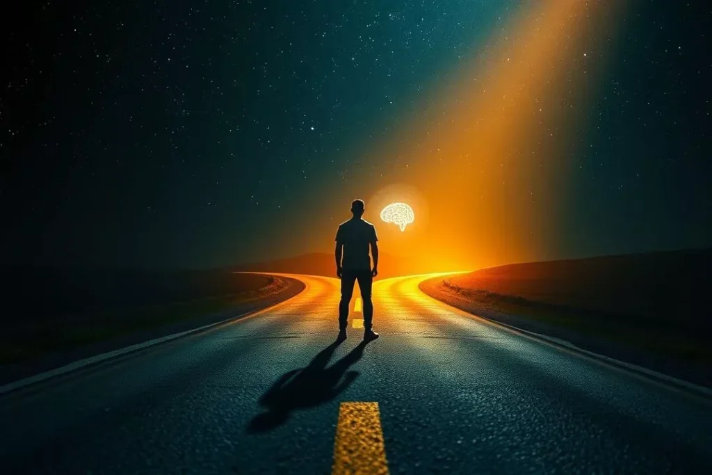 Jornada para aprender inteligência artificial: uma pessoa em uma encruzilhada com um caminho iluminado pelo símbolo da IA.